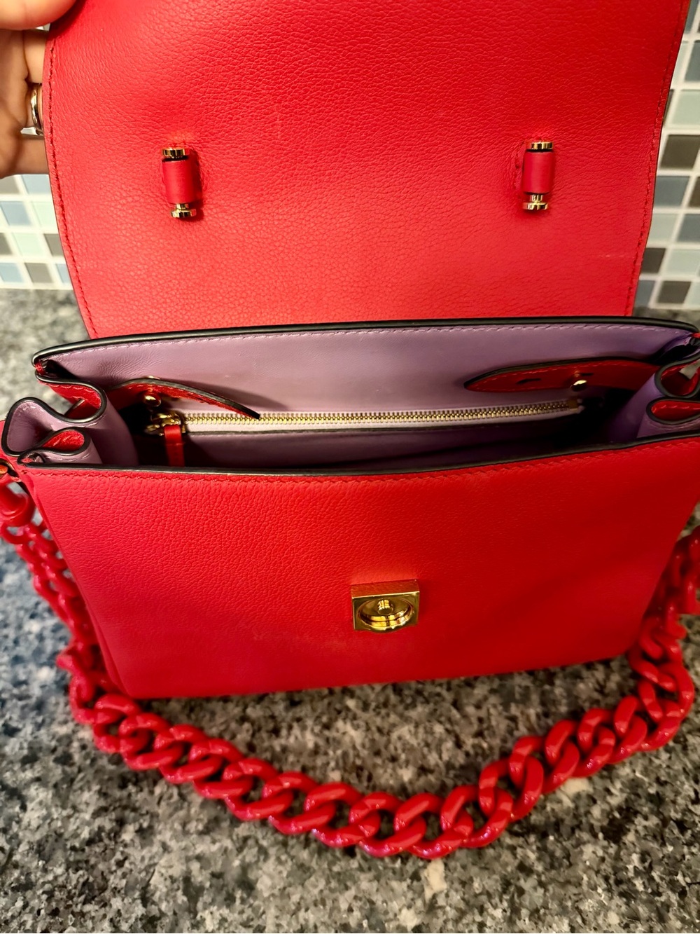 Versace Bright Red Leather Top-Handle Satchel with Chain Strap - Picture 9 of 11
